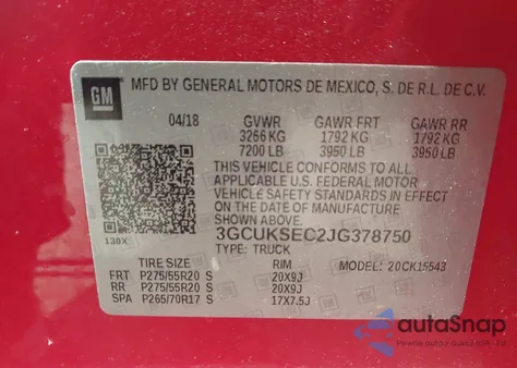 2018 Chevrolet Silverado 1500 1Lz z USA, uszkodzony, nr VIN 3GCUKSEC2JG378750